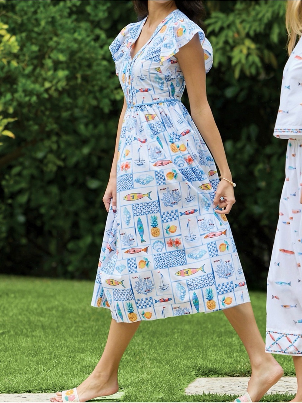 crown & ivy Light Blue Printed Midi Dress with Tropical and Nautical Motifs